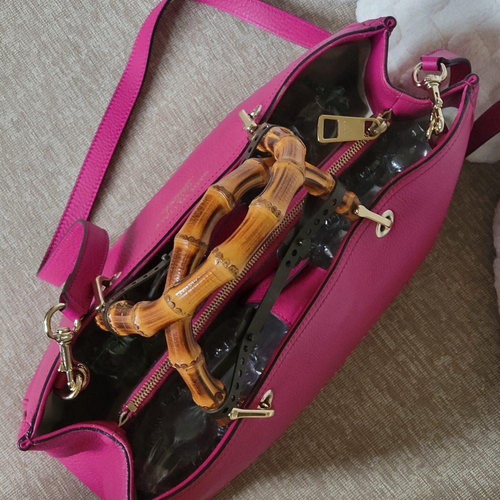 GUCCI Pebbled Calfskin M Bamboo Tote Bright Bougainvillea..Authentic!! Like New. - Picture 6 of 16